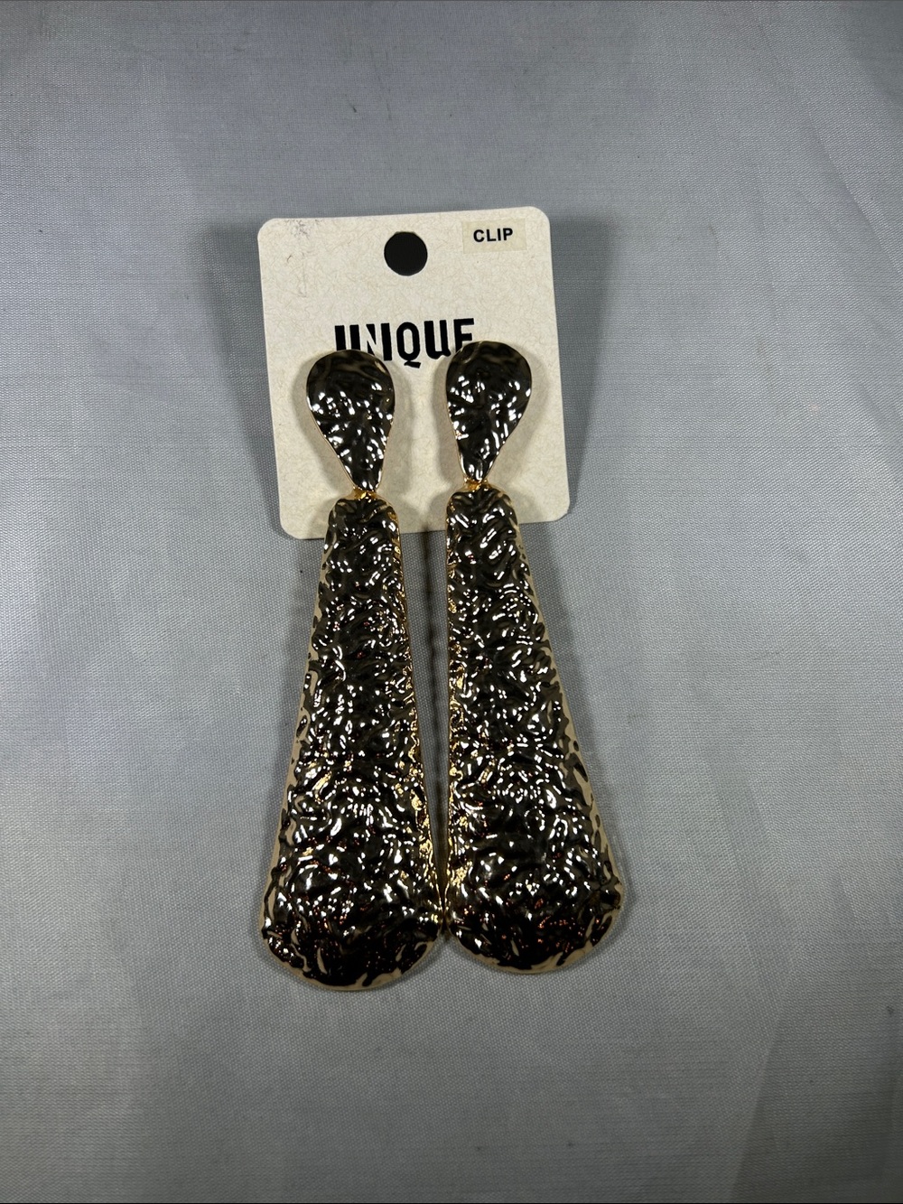 Unique Hammered Gold Long Drop Clip-On Earrings
